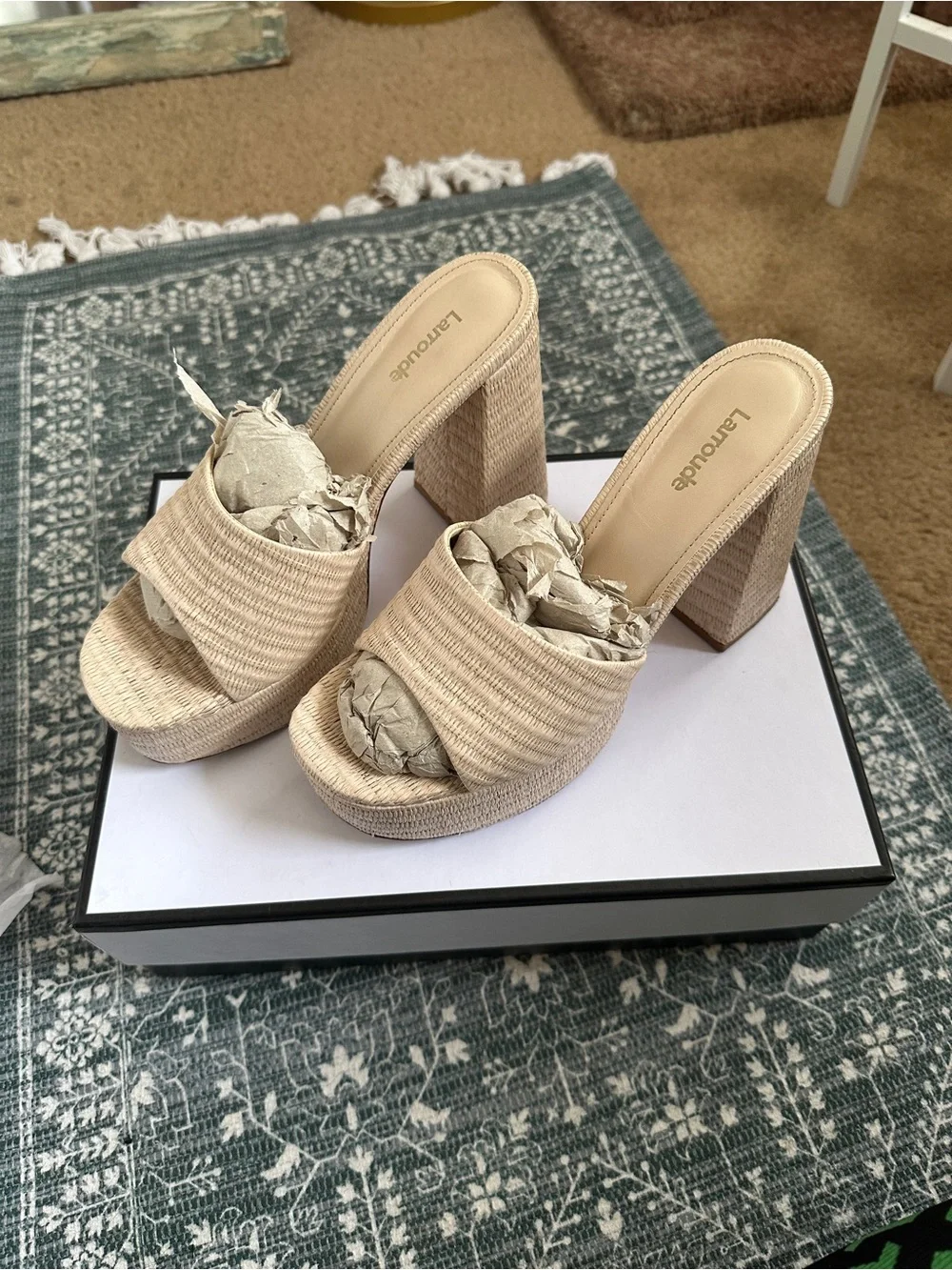 Larroude Natural Raffia Platform Block Heel Slides
